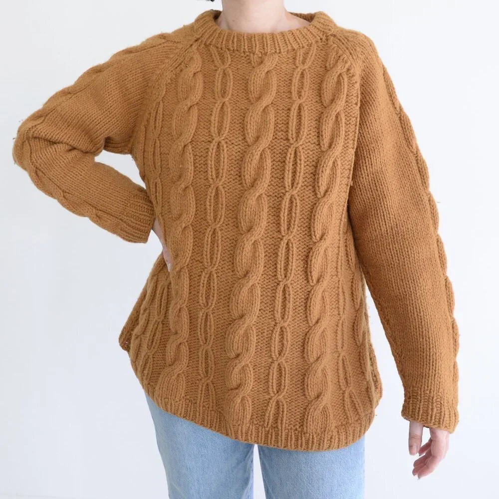 Handmade Mustard Yellow Aran Irish Design Knit Thick Wool Crewneck Sweater M